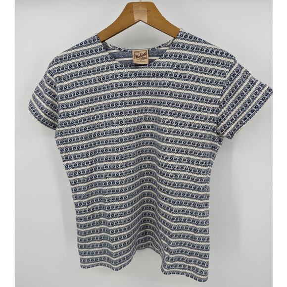 Woolrich 100% Cotton Fair Isle Stripe T-Shirt Blue White Vintage Medium - Picture 1 of 3